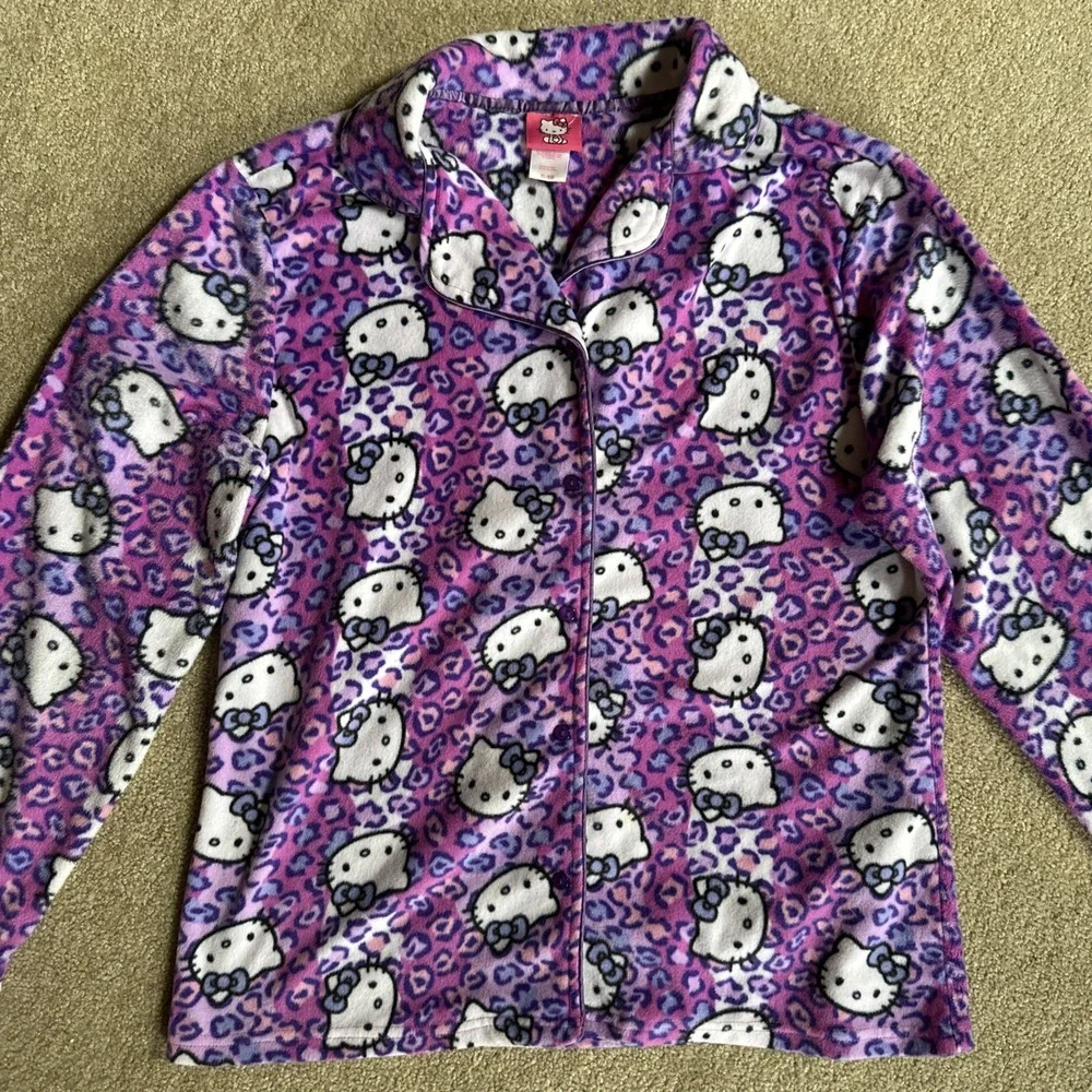 Hello Kitty Pink /Purple Striped Pajama 2 Piece Set Girls Size XL‎ Sanrio fleece